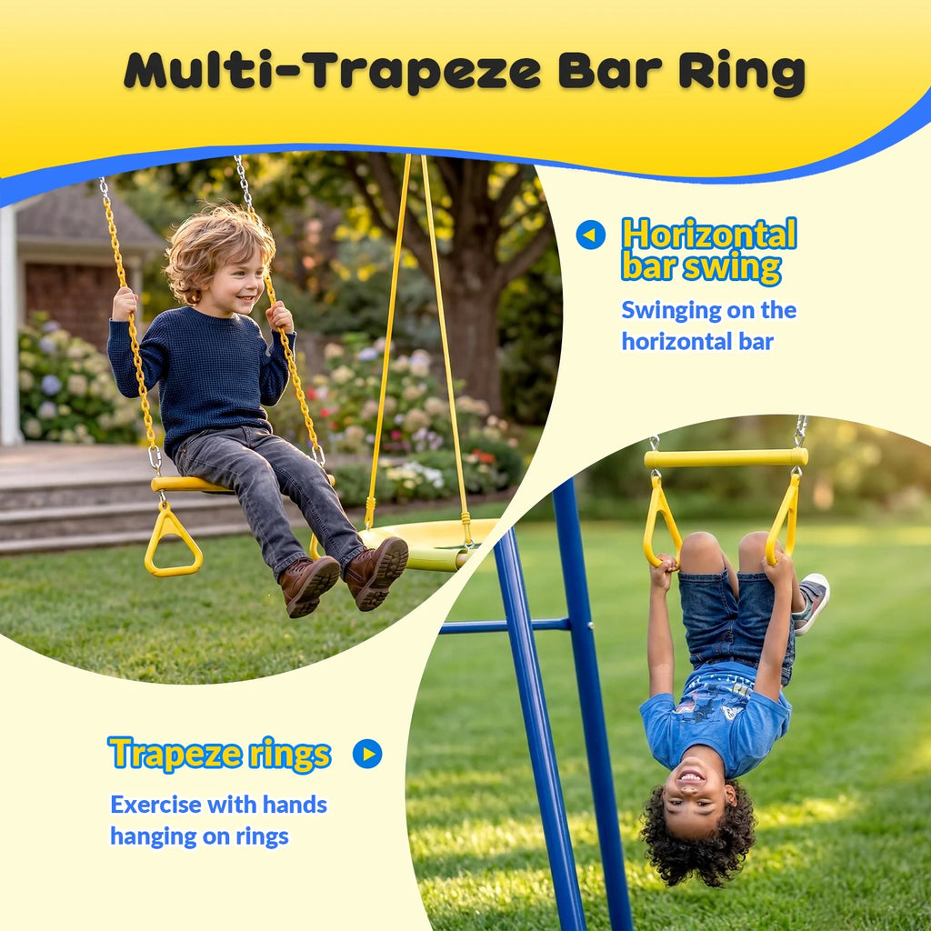 Gardwin GW-SW401-BY Super Metal Swing Set with Saucer Swing,Belt Swing,Trapeze Bar Ring,Wave Slide and Bonus Anchor Kit, Great for Kids Aged 3-12