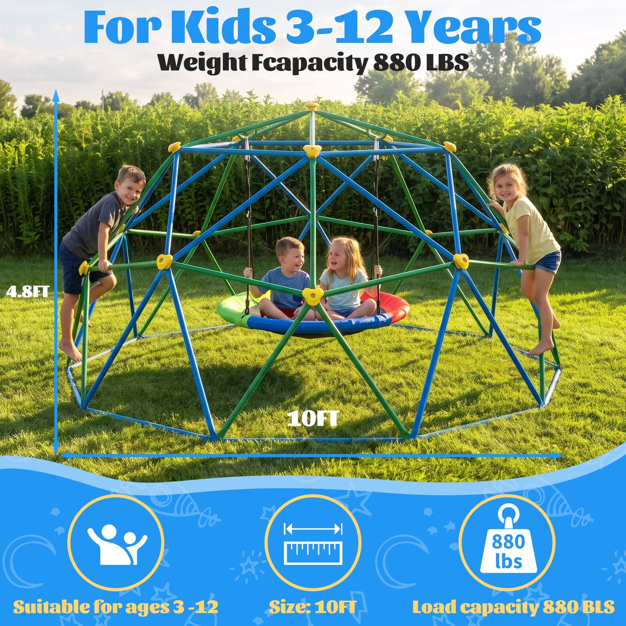 10FT Climber Dome with Saucer Swing and Led String Light,Gardwin Kids Outdoor Jungle Gym Geometric Climbing Domer Outdoor Play Toddler Set for Ages 3-12, Supports up to 880lbs
