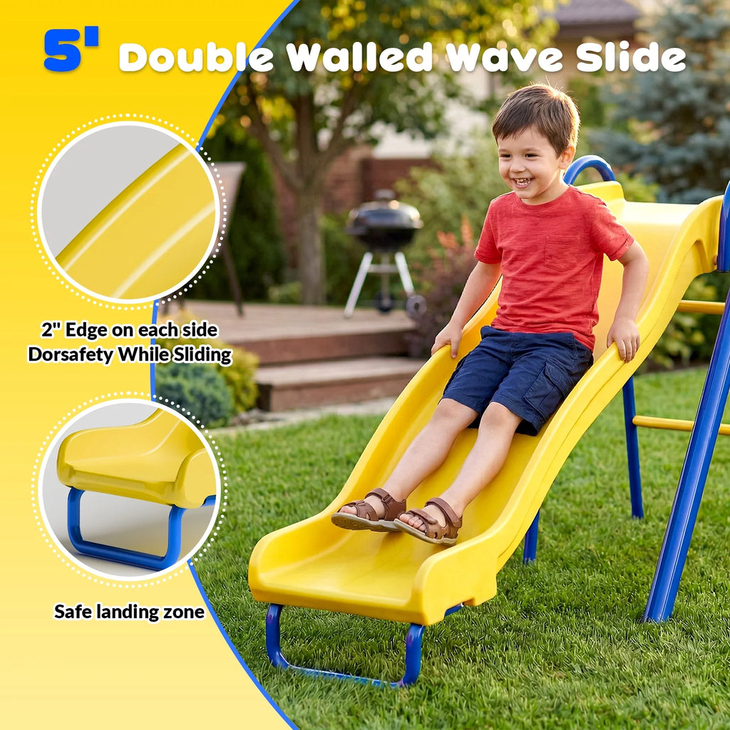 Gardwin GW-SW502-BY Swing Sets Heavy-Duty Outdoor Metal Swing sets for Backyard,Playground,Outside Toys with Glider,Saucer Swing,Belt Swing,Wave Slide,Basketball Hoop for Aged 3-12