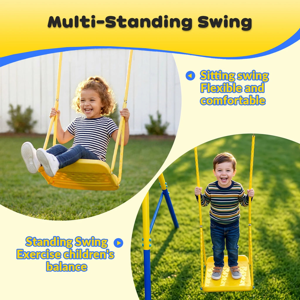 Gardwin GW-SW402-BY Swing Sets Heavy-Duty Outdoor Metal Swing sets for Backyard,Playground,Outside Toys with Glider,Saucer Swing,Wave Slide,Sitting Swing for 6 Kids Aged 3-12