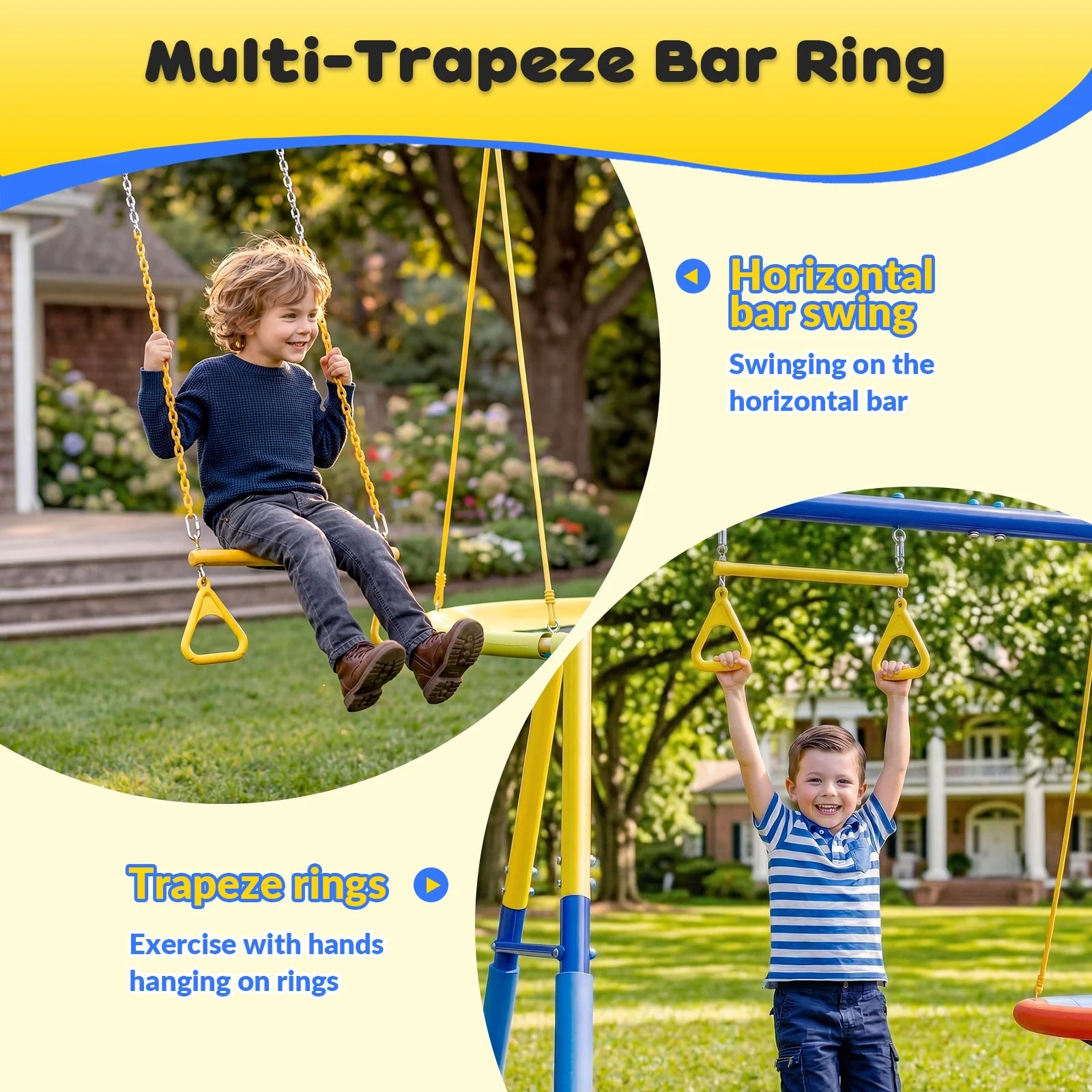 Gardwin GW-SW701-BY 7in1 Metal Swing Sets with Trampoline,Outdoor Swing sets for Backyard,Outside Toys with Saucer Swing,Slide,Glider,Belt Swing,Trapeze Bar,Standing Swing,Teeter Totters for 10 Kids Aged 3-12
