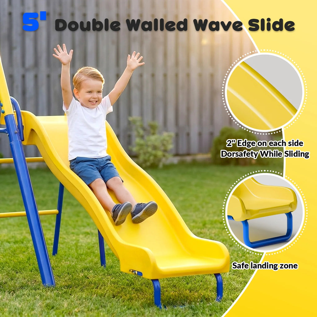Gardwin GW-SW402-BY Swing Sets Heavy-Duty Outdoor Metal Swing sets for Backyard,Playground,Outside Toys with Glider,Saucer Swing,Wave Slide,Sitting Swing for 6 Kids Aged 3-12