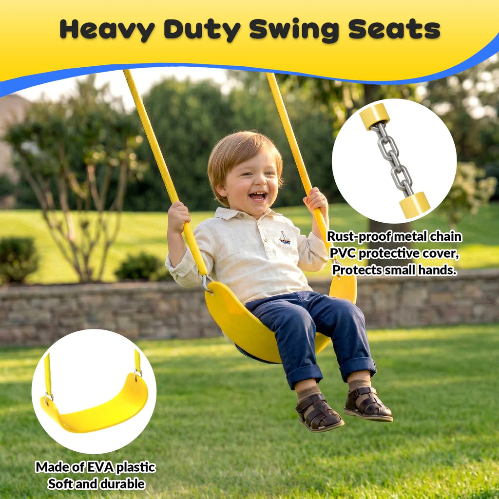 6 in1 Metal Swing Sets,Gardwin GW-SW503-BY Heavy-Duty Outdoor Swing sets for Backyard,Playground,Outside Toys with Climber Net,Climber Wall,Saucer Swing,Wave Slide,Belt Swing ,Trapeze Bar for 7 Kids Aged 3-12