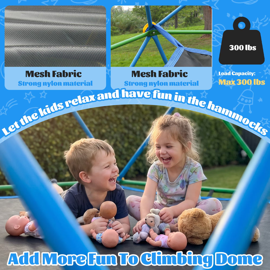 10FT Climbing Dome with Hammock and Led String Light,Gardwin Kids Geometric Climber Dome Jungle Gym Outdoor Play Toddler Play Set for Ages 3-12, Supports up to 880lbs