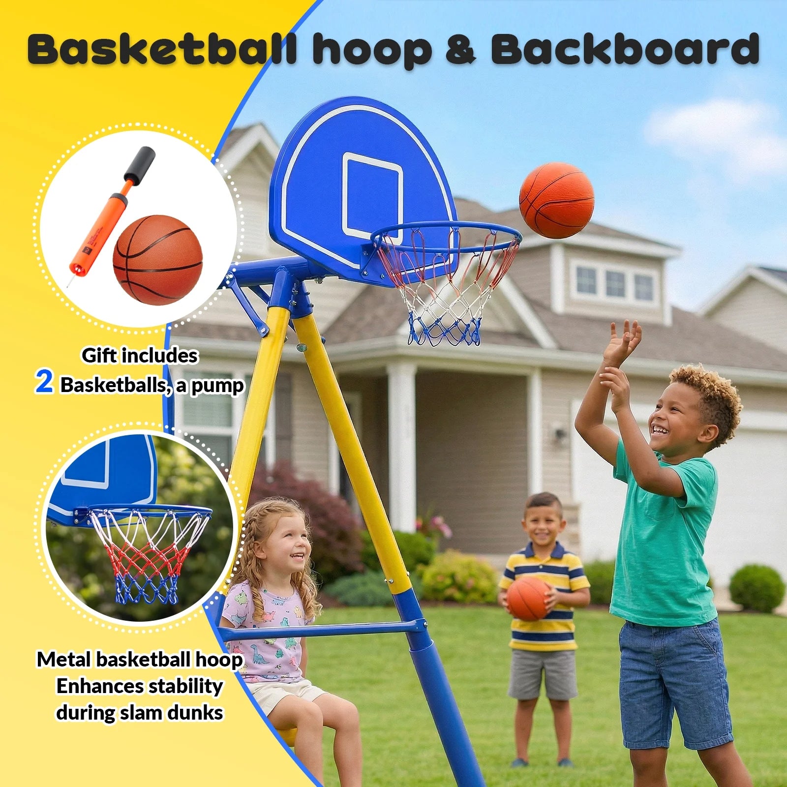 Gardwin GW-SW502-BY Swing Sets Heavy-Duty Outdoor Metal Swing sets for Backyard,Playground,Outside Toys with Glider,Saucer Swing,Belt Swing,Wave Slide,Basketball Hoop for Aged 3-12