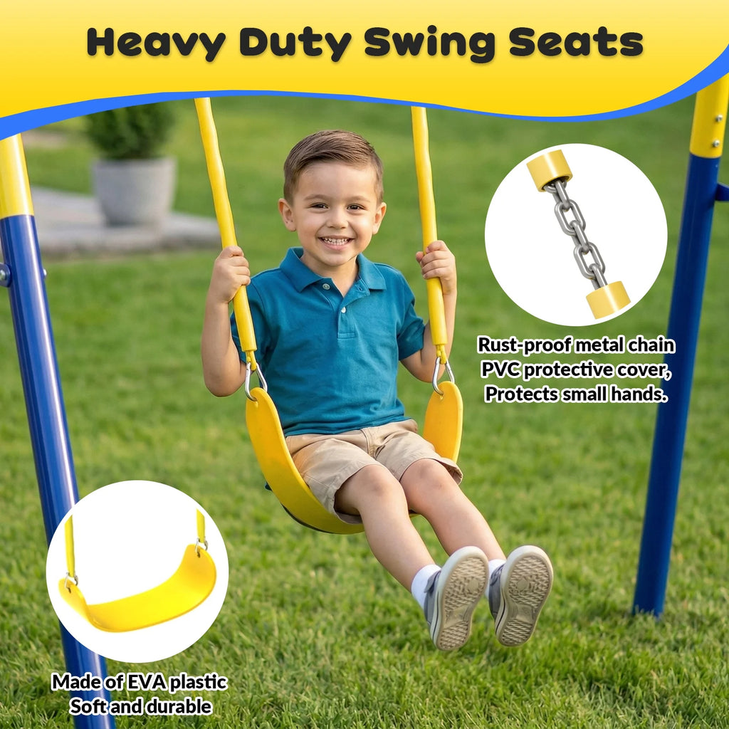Gardwin GW-SW701-BY 7in1 Metal Swing Sets with Trampoline,Outdoor Swing sets for Backyard,Outside Toys with Saucer Swing,Slide,Glider,Belt Swing,Trapeze Bar,Standing Swing,Teeter Totters for 10 Kids Aged 3-12