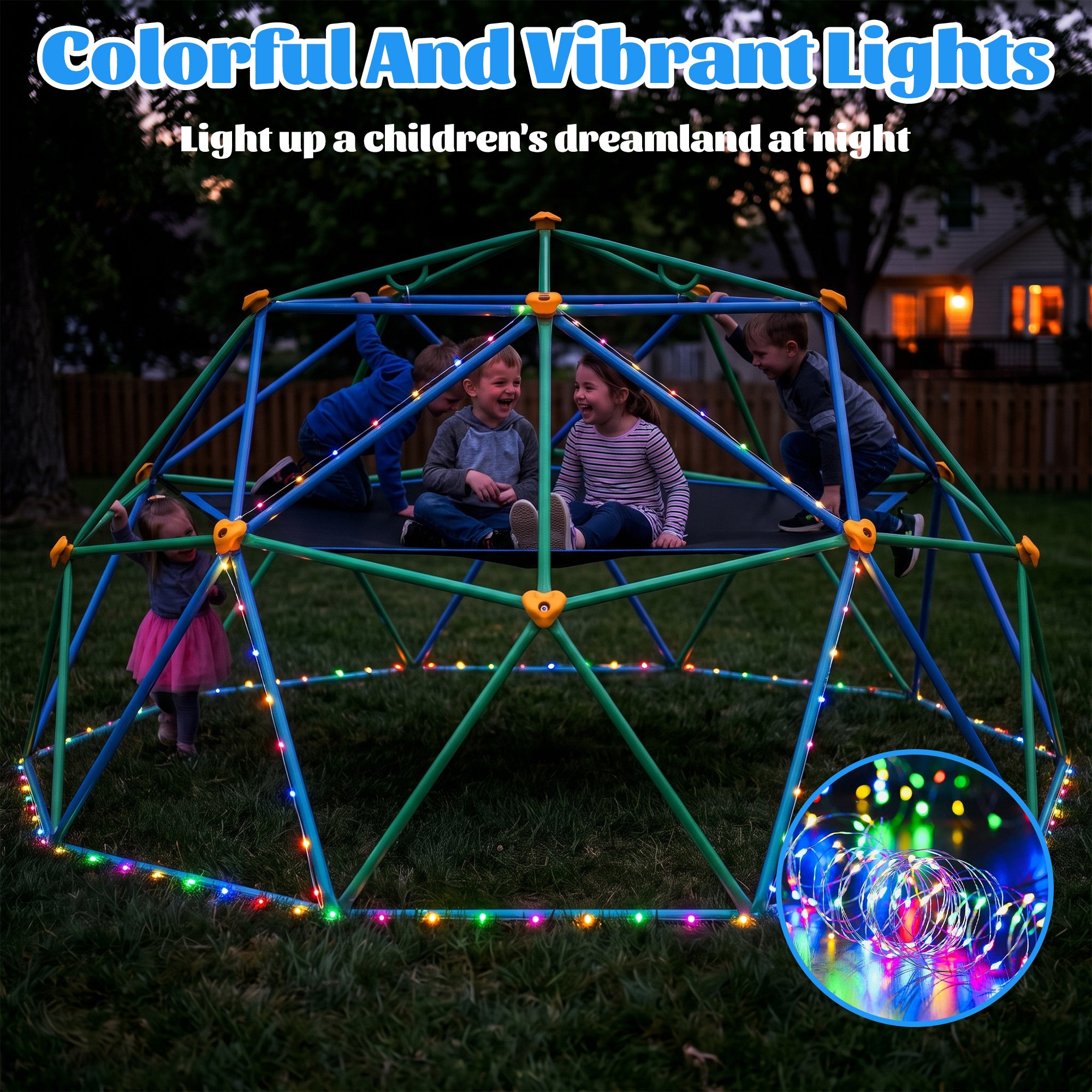 10FT Climbing Dome with Hammock and Led String Light,Gardwin Kids Geometric Climber Dome Jungle Gym Outdoor Play Toddler Play Set for Ages 3-12, Supports up to 880lbs