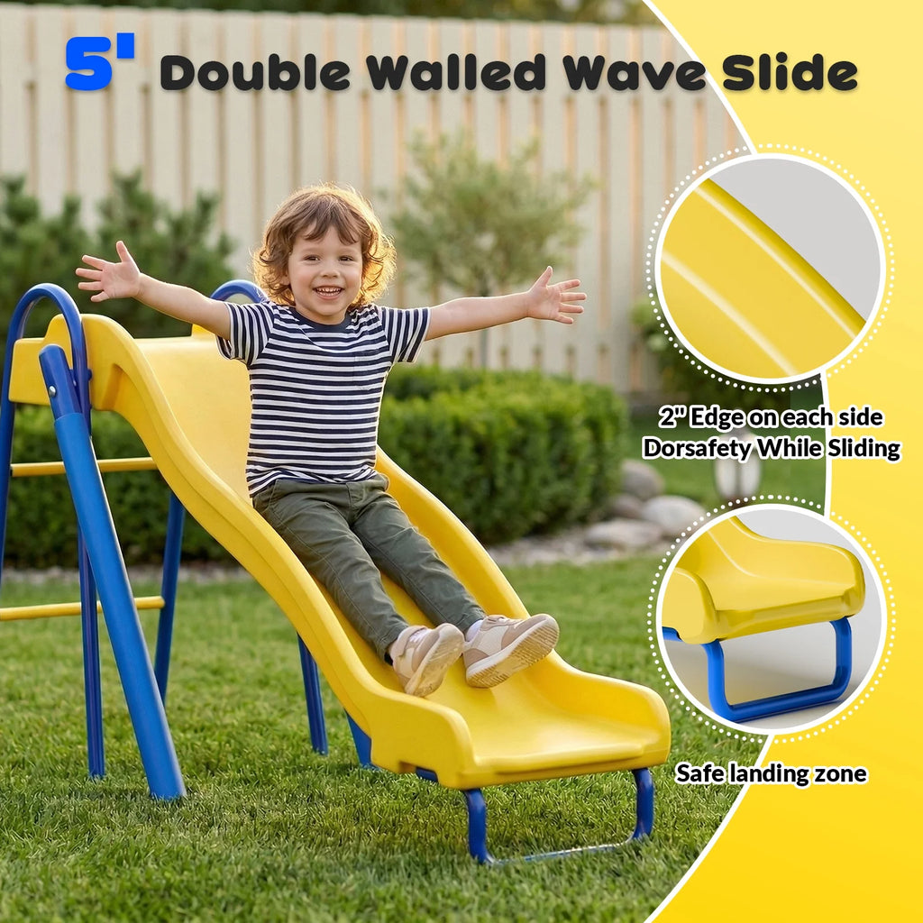Gardwin GW-SW601-BY Metal Swing Sets with Trampoline,Heavy-Duty Outdoor Swing sets for Backyard,Playground,Outside Toys with Saucer Swing,Wave Slide,Belt Swing,Trapeze Bar,Basketball Hoop for 7 Kids Aged 3-12