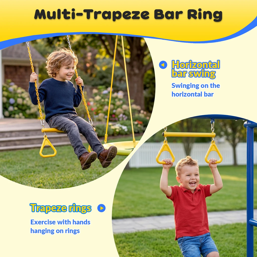 6 in1 Metal Swing Sets,Gardwin GW-SW503-BY Heavy-Duty Outdoor Swing sets for Backyard,Playground,Outside Toys with Climber Net,Climber Wall,Saucer Swing,Wave Slide,Belt Swing ,Trapeze Bar for 7 Kids Aged 3-12