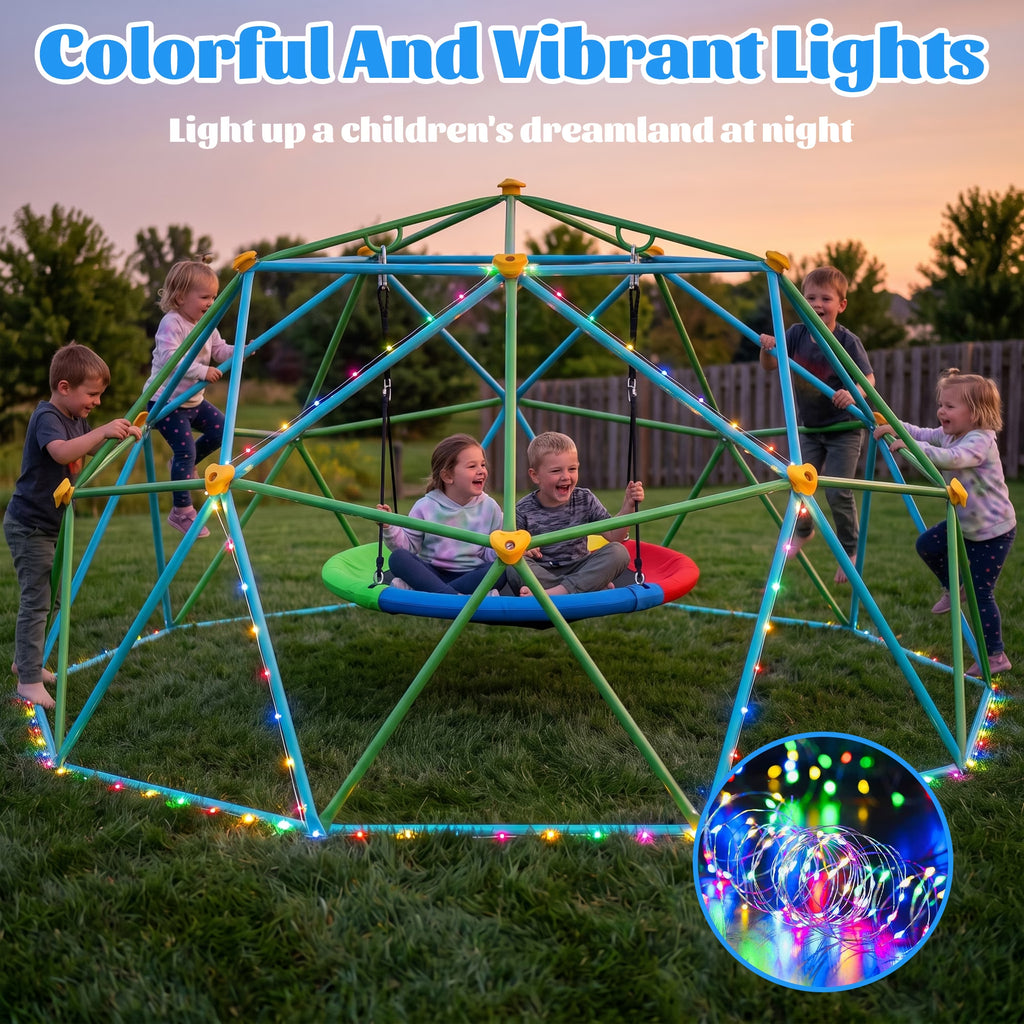 10FT Climber Dome with Saucer Swing and Led String Light,Gardwin Kids Outdoor Jungle Gym Geometric Climbing Domer Outdoor Play Toddler Set for Ages 3-12, Supports up to 880lbs