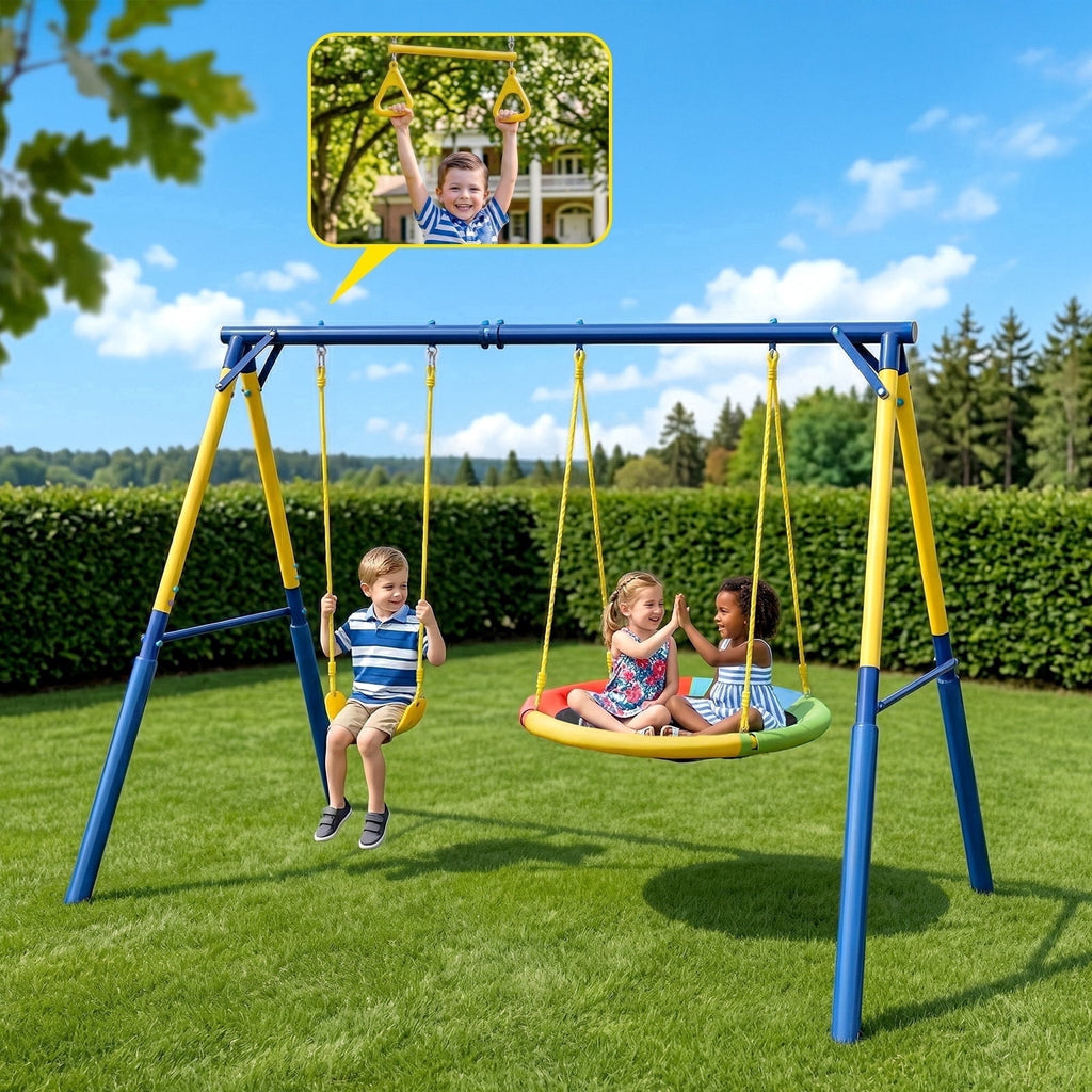 Gardwin GW-SW201-BY Super Saucer Metal Swing Set with 2-Person Saucer Swing,Belt Swing and Bonus Trapeze Rings,Outdoor Backyard Fun for Kids Aged 3-12