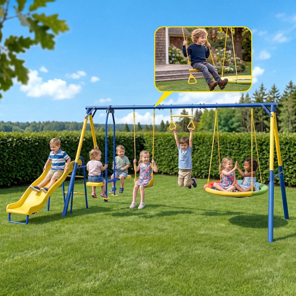 Gardwin GW-SW501-BY  Swing Sets Heavy-Duty Outdoor Metal Swing sets for Backyard,Playground,Outside Toys with Glider,Saucer Swing,Belt Swing,Wave Slide,Trapeze Bar Swing for 7 Kids Aged 3-12