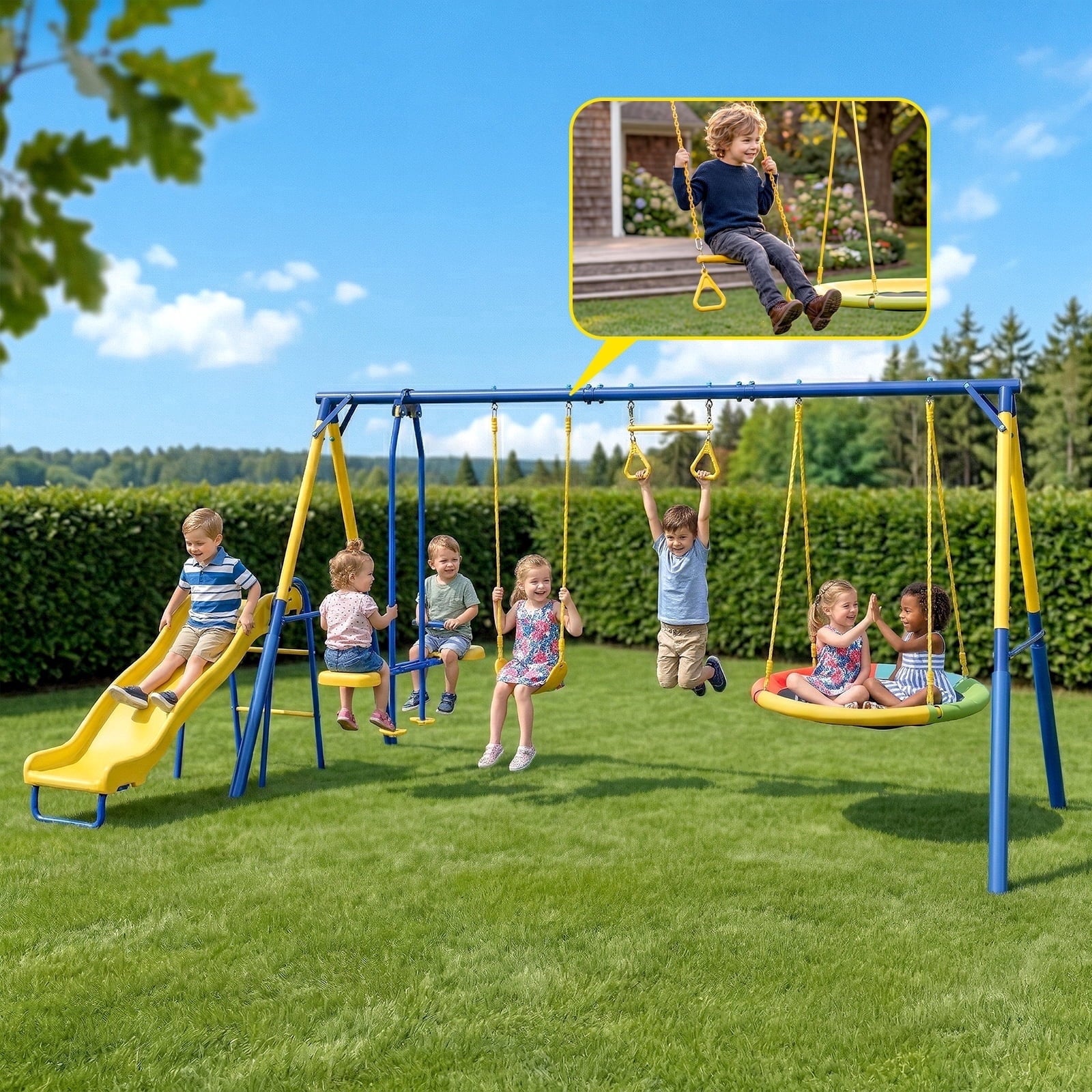 Gardwin GW-SW501-BY  Swing Sets Heavy-Duty Outdoor Metal Swing sets for Backyard,Playground,Outside Toys with Glider,Saucer Swing,Belt Swing,Wave Slide,Trapeze Bar Swing for 7 Kids Aged 3-12