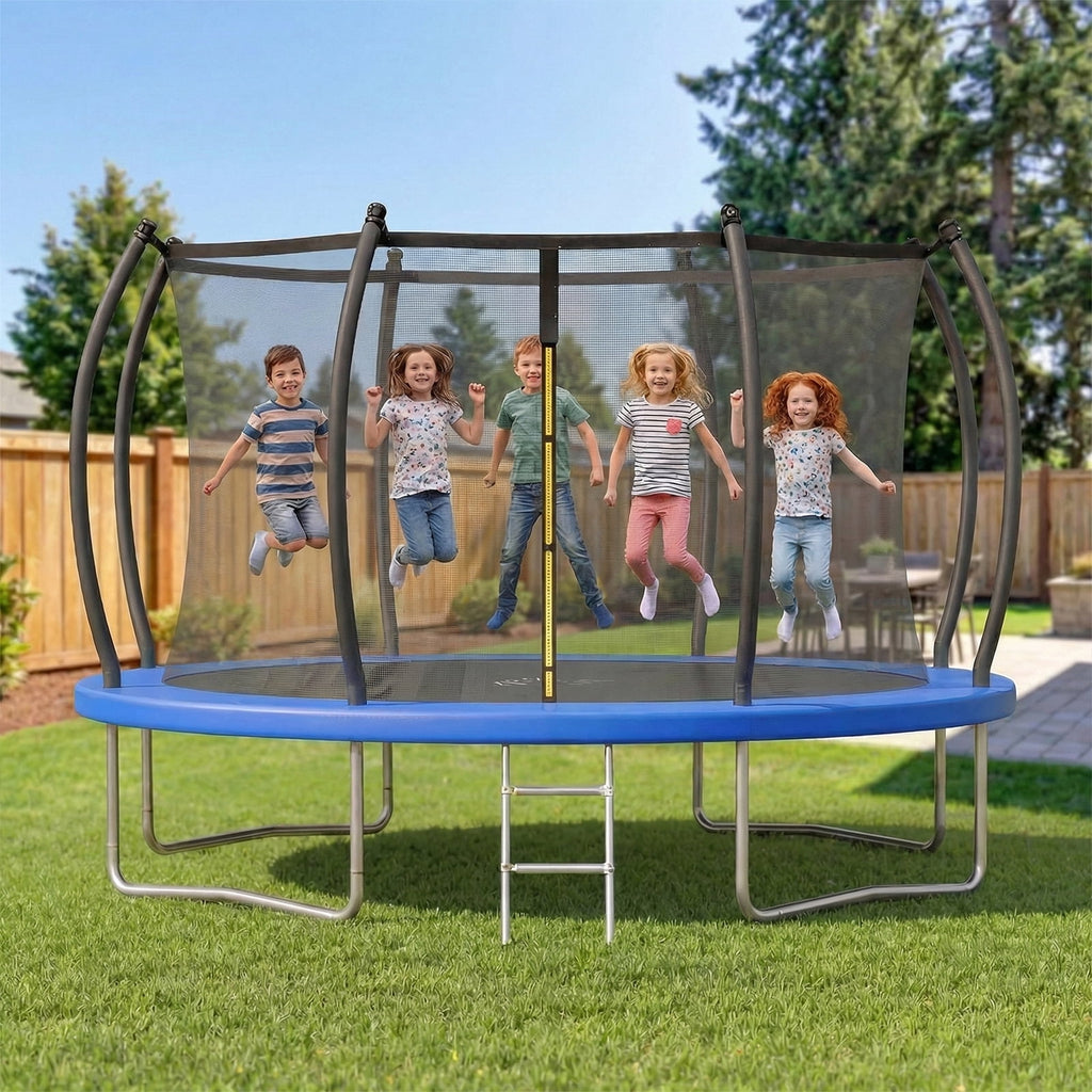 Gardwin GW-1404HI-BL Outdoor Trampoline 10FT/12FT/14FT Round Jumping Trampoline with Enclosure Net and Ladder,Recreational Backyard Trampolines Anti-Rust for Kids Birthday Gift