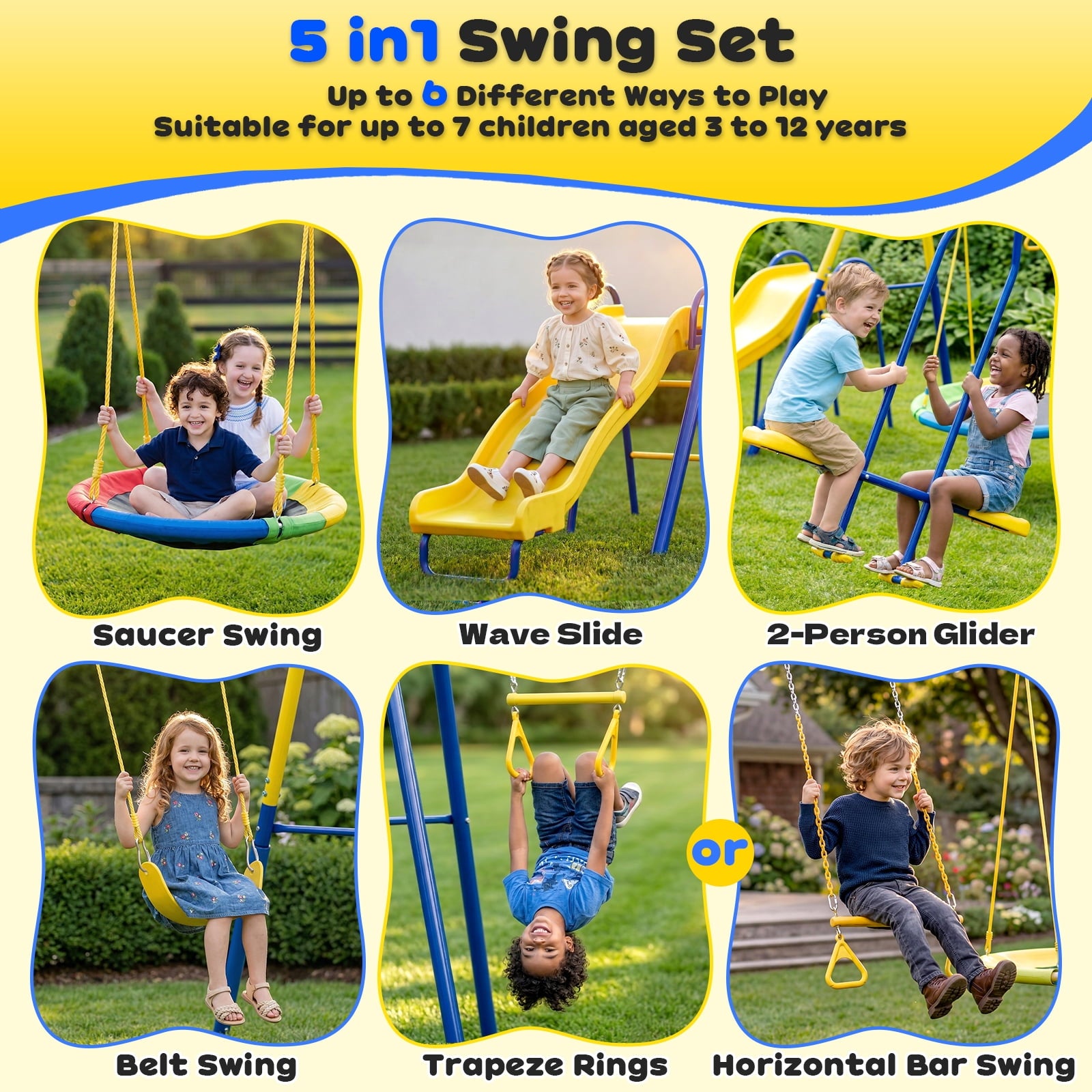 Gardwin GW-SW501-BY  Swing Sets Heavy-Duty Outdoor Metal Swing sets for Backyard,Playground,Outside Toys with Glider,Saucer Swing,Belt Swing,Wave Slide,Trapeze Bar Swing for 7 Kids Aged 3-12