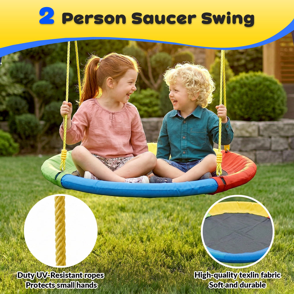 Gardwin GW-SW201-BY Super Saucer Metal Swing Set with 2-Person Saucer Swing,Belt Swing and Bonus Trapeze Rings,Outdoor Backyard Fun for Kids Aged 3-12