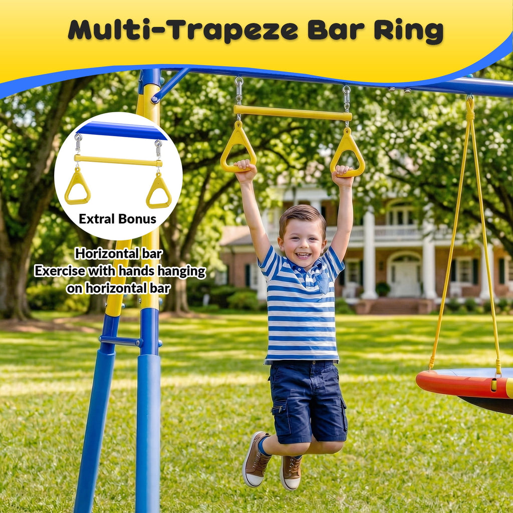Gardwin GW-SW201-BY Super Saucer Metal Swing Set with 2-Person Saucer Swing,Belt Swing and Bonus Trapeze Rings,Outdoor Backyard Fun for Kids Aged 3-12