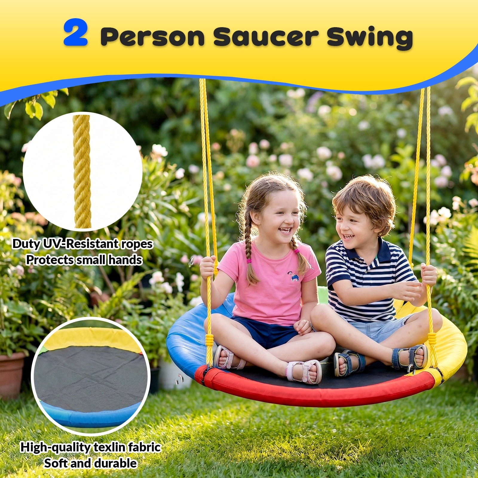 Gardwin GW-SW501-BY  Swing Sets Heavy-Duty Outdoor Metal Swing sets for Backyard,Playground,Outside Toys with Glider,Saucer Swing,Belt Swing,Wave Slide,Trapeze Bar Swing for 7 Kids Aged 3-12